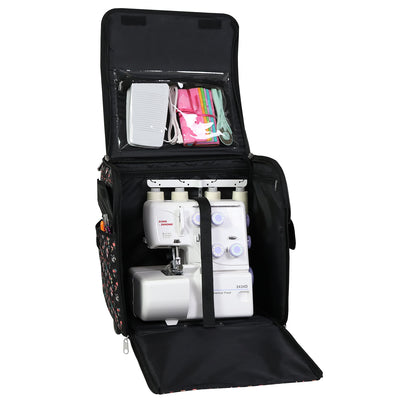 Collapsible Rolling Serger Machine Case, Black Floral