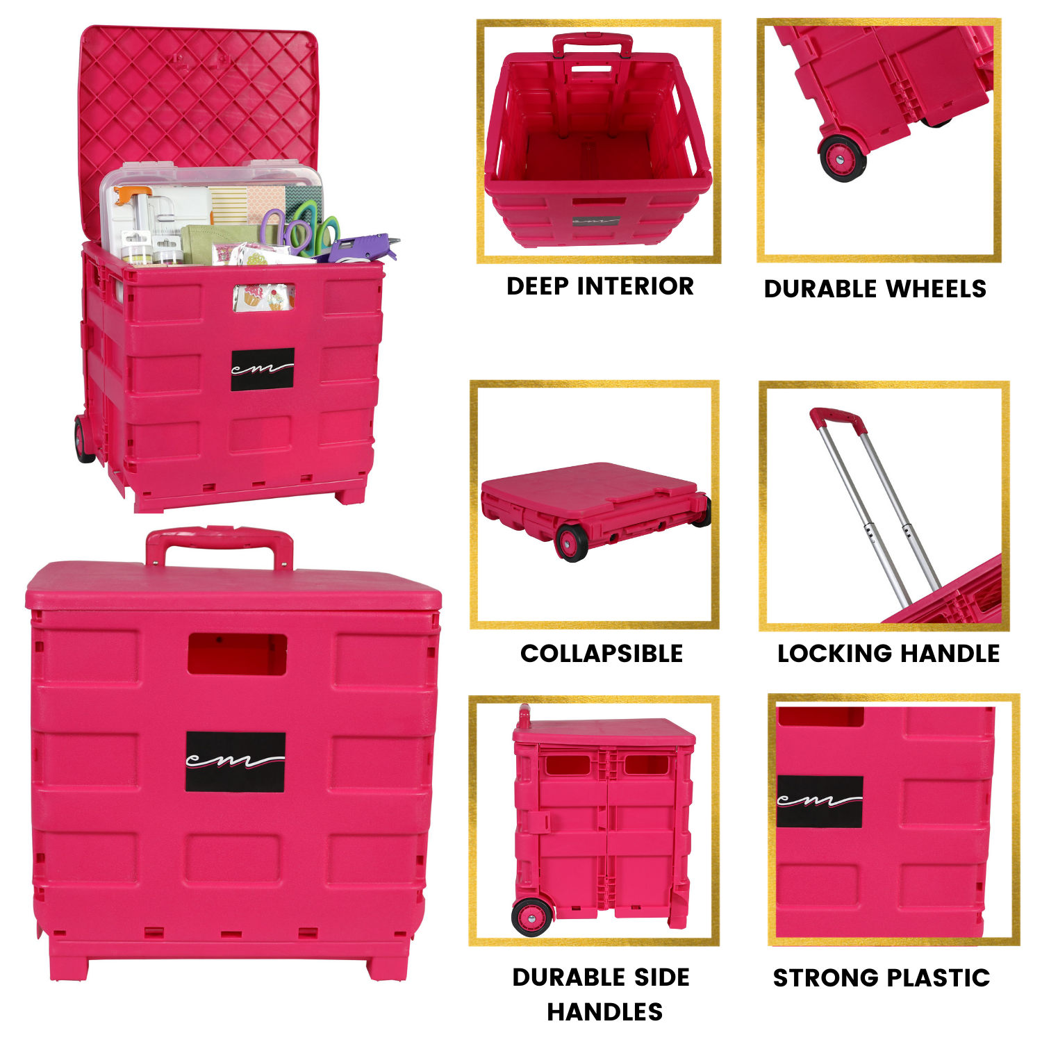 Collapsible Rolling Craft Cart with Lid – Pink