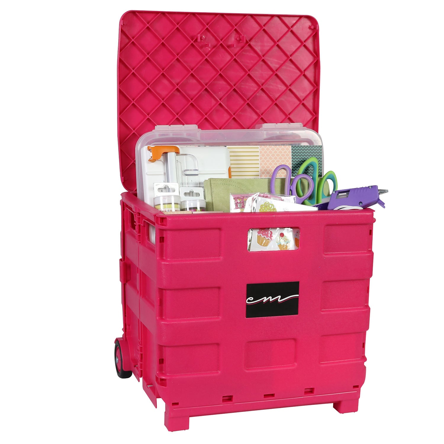 Collapsible Rolling Craft Cart with Lid – Pink