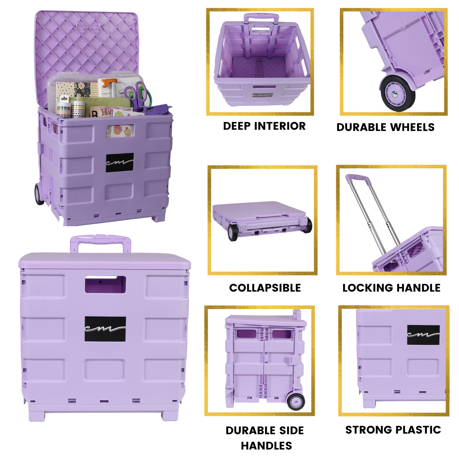 Collapsible Rolling Craft Cart with Lid – Purple