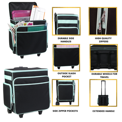 Everything Mary Rolling Scrapbook Case – Black & Teal Craft Organizer with Telescoping Handle & Wheels – Portable Storage for Scrapbooking, Sewing, Art & DIY Supplies