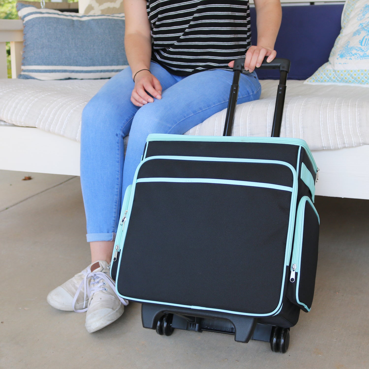 Everything Mary Rolling Scrapbook Case – Black & Teal Craft Organizer with Telescoping Handle & Wheels – Portable Storage for Scrapbooking, Sewing, Art & DIY Supplies