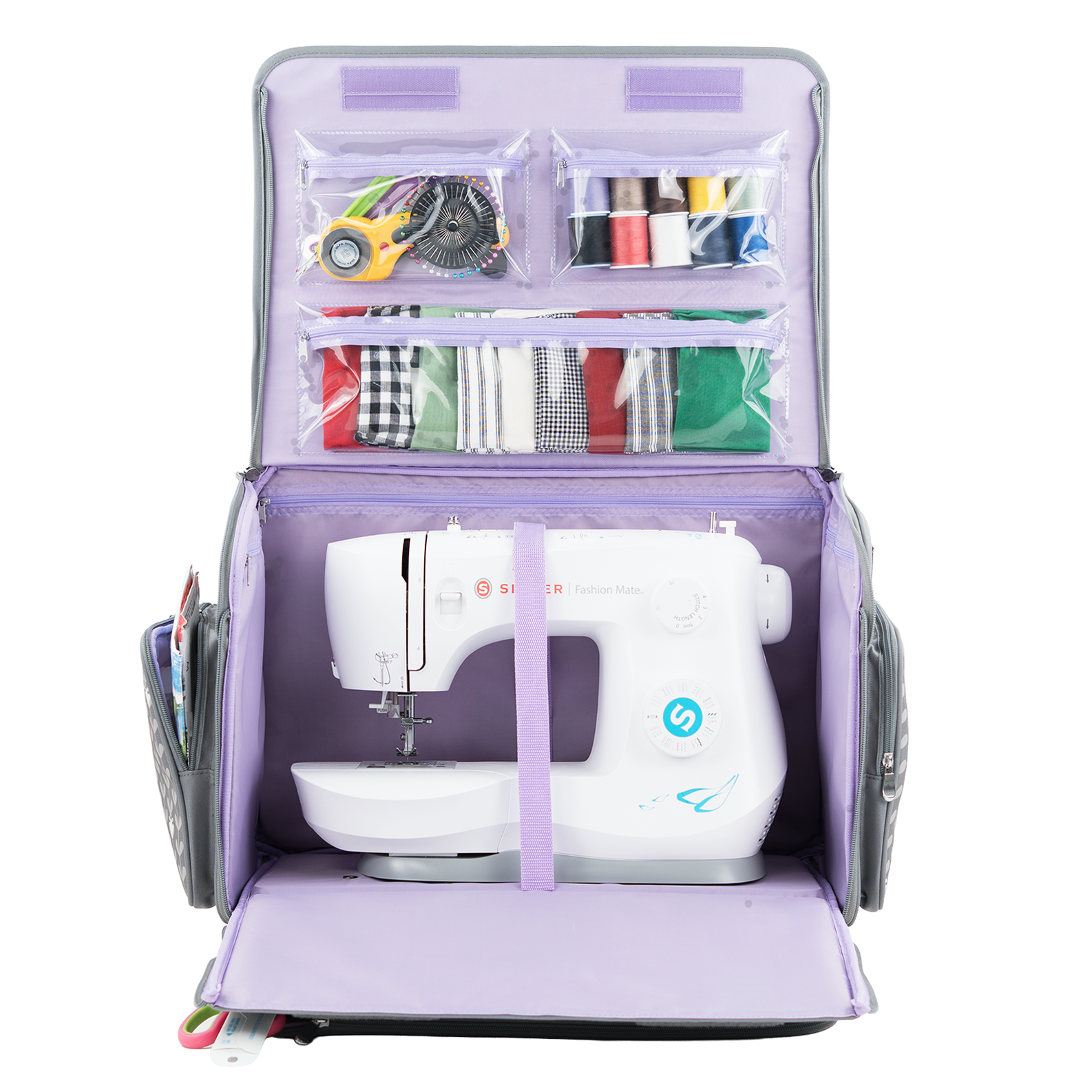 XL 4 Wheel Collapsible Deluxe Rolling Sewing Machine Storage Case, Purple Floral