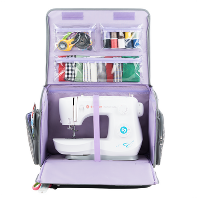 XL 4 Wheel Collapsible Deluxe Rolling Sewing Machine Storage Case, Purple Floral