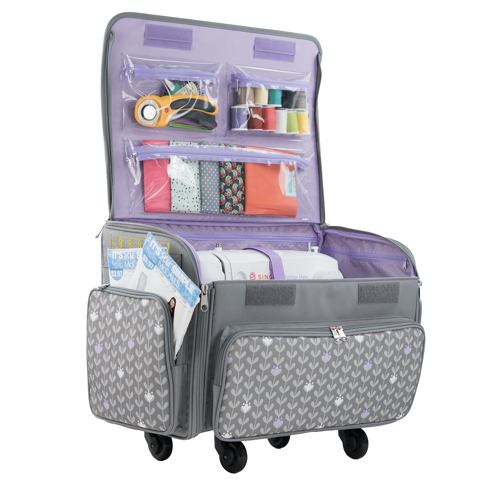 XL 4 Wheel Collapsible Deluxe Rolling Sewing Machine Storage Case, Purple Floral