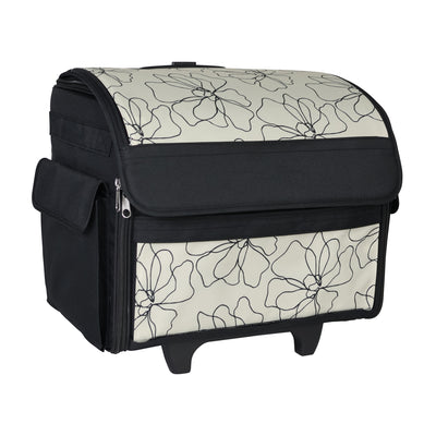 Everything Mary Collapsible Rolling Sewing Machine Tote - Premium Polyester Construction - Universal Fit - Portable with Dual Wheels and Telescoping Handle -Tan Line Floral