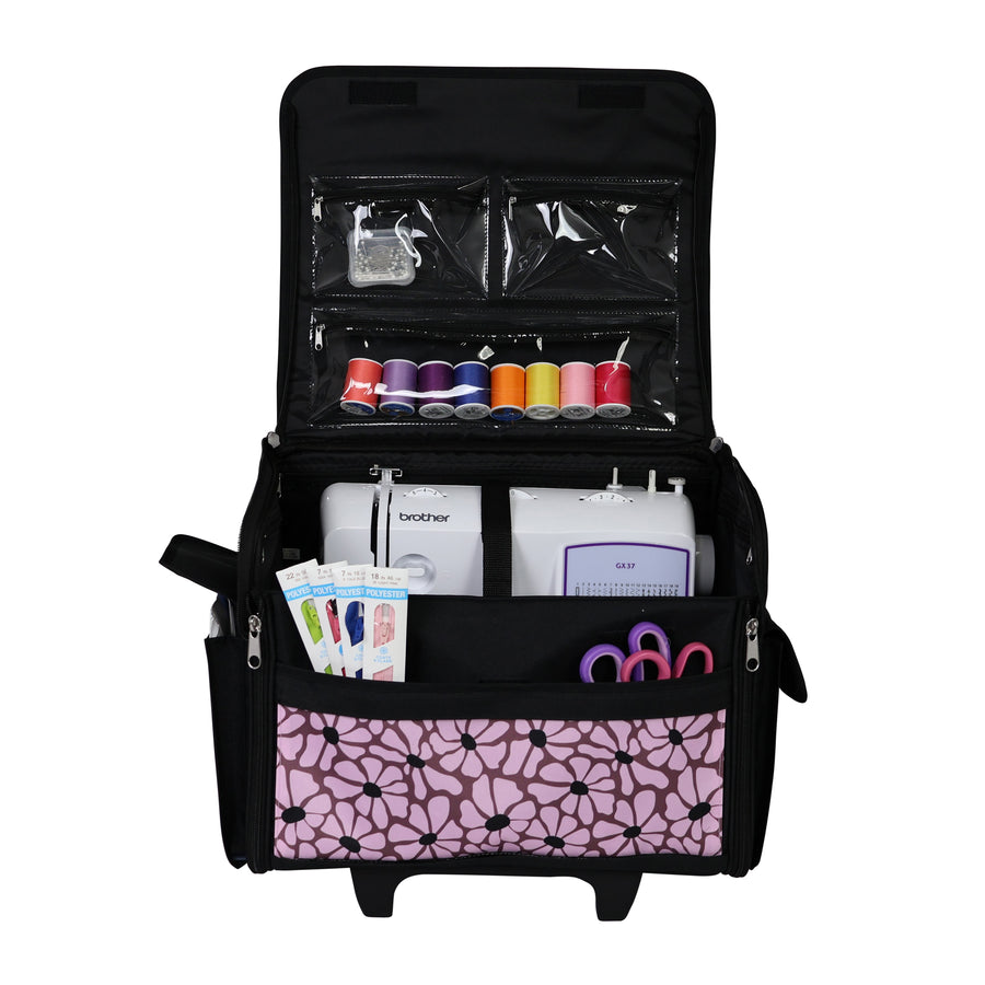 Everything Mary Collapsible Rolling Sewing Machine Tote - Premium Polyester Construction - Universal Fit - Portable with Dual Wheels and Telescoping Handle - Purple Floral