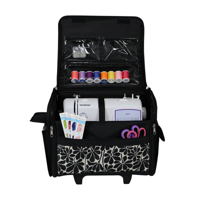 Everything Mary Collapsible Rolling Sewing Machine Tote - Premium Polyester Construction - Universal Fit - Portable with Dual Wheels and Telescoping Handle - Large Black Floral