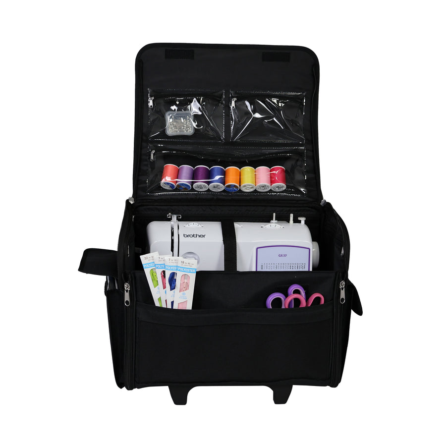 Everything Mary Collapsible Rolling Sewing Machine Tote - Premium Polyester Construction - Universal Fit - Portable with Dual Wheels and Telescoping Handle - Black
