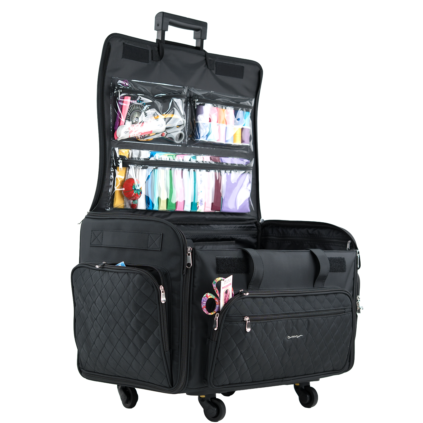 Everything Mary XXL 4 Wheel Collapsible Rolling Sewing Machine Storage Case, Black Quilted