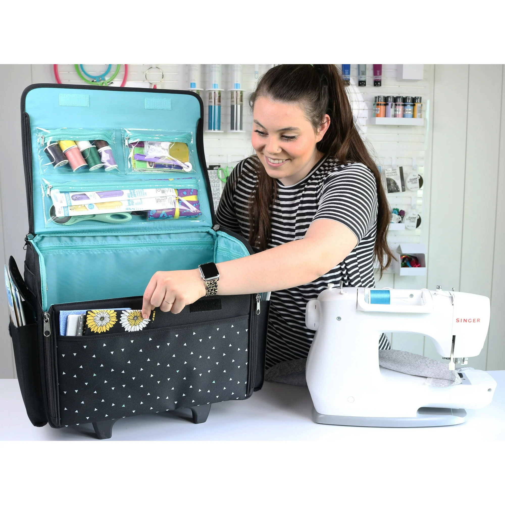 Rolling Sewing Machine Tote, Black & White Triangle Bag with Wheels & Telescoping Handle