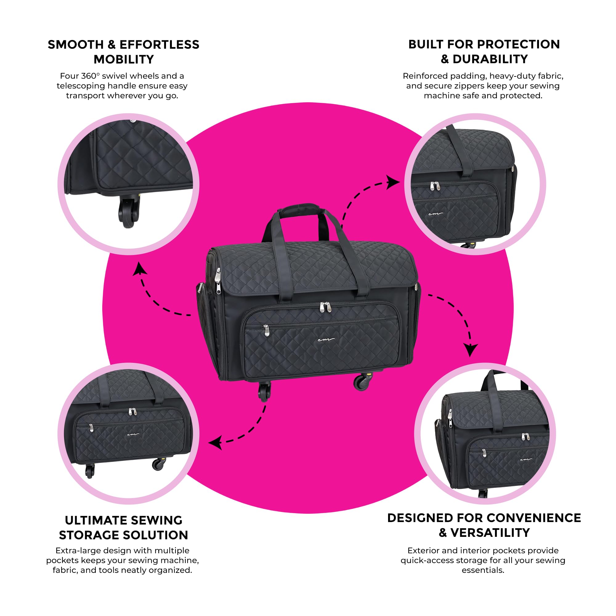 Everything Mary XXL 4 Wheel Collapsible Rolling Sewing Machine Storage Case, Black Quilted