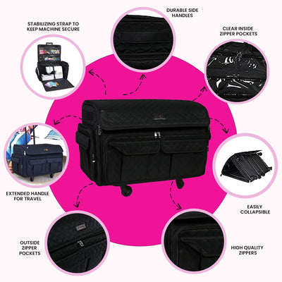 Everything Mary 4 Wheels XXL Collapsible Deluxe Sewing Machine Case | Black Quilted