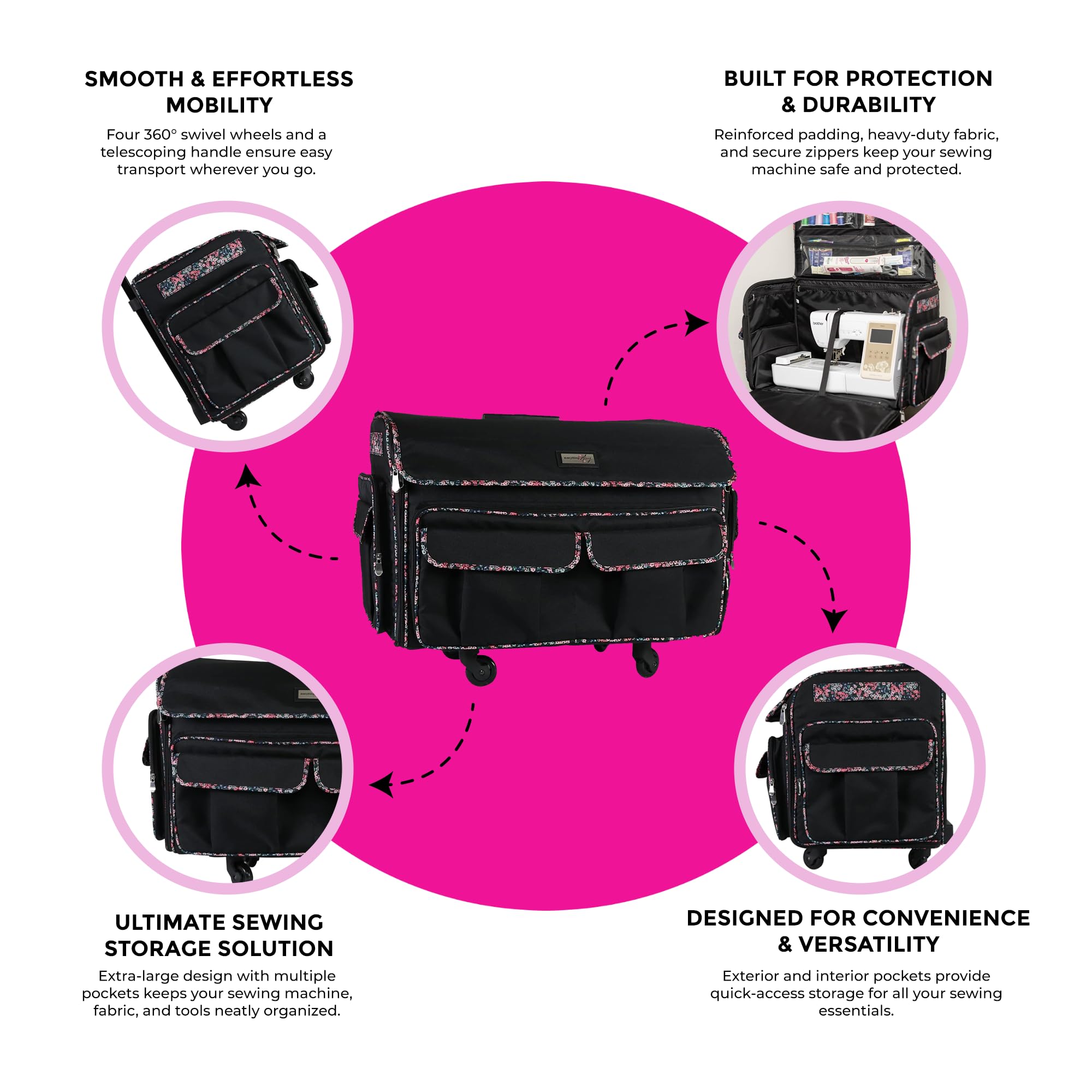 Everything Mary XXL 4 Wheel Collapsible Rolling Sewing Machine Storage Case, Black Floral