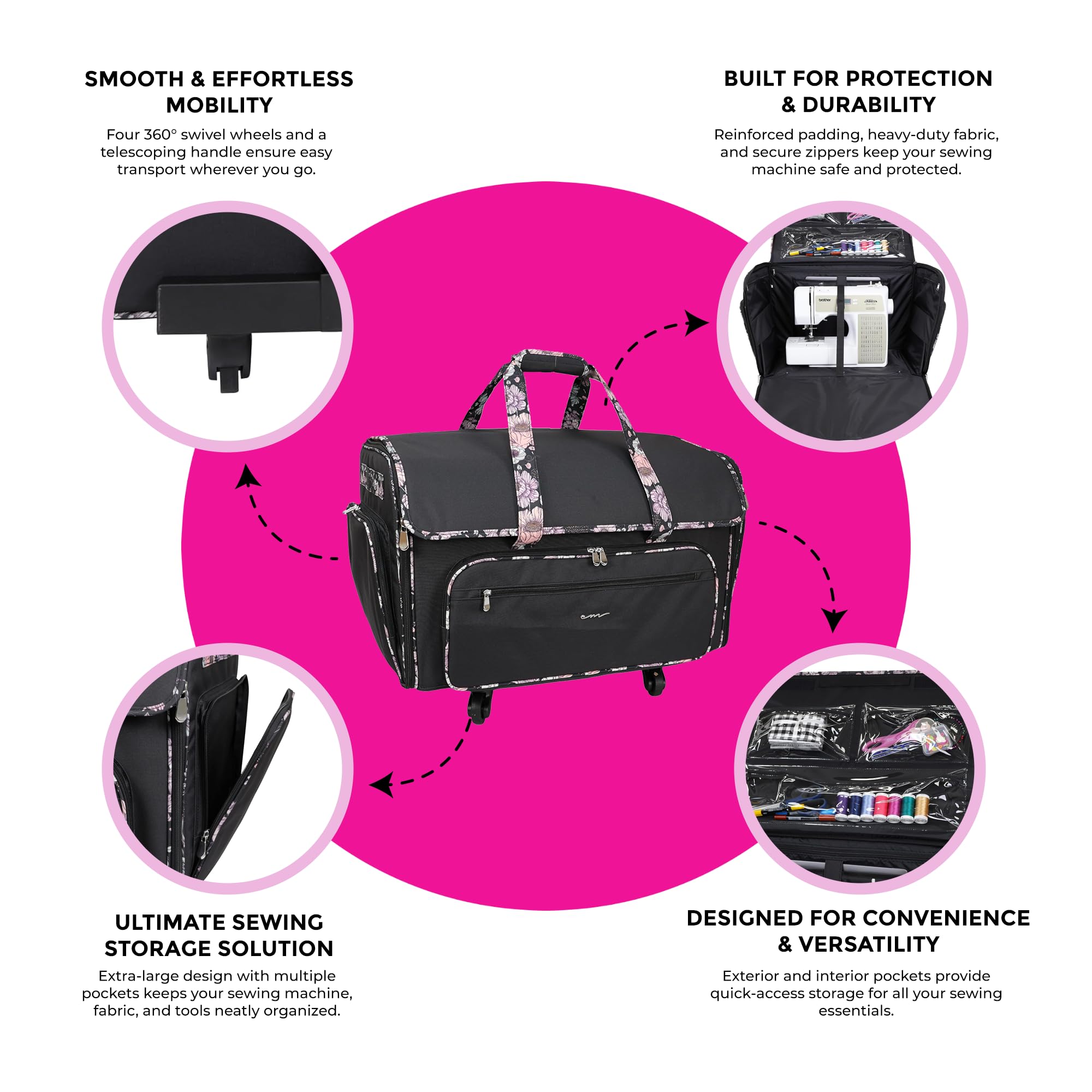 Everything Mary XXL 4 Wheel Collapsible Rolling Sewing Machine Storage Case, Black & Floral Trim