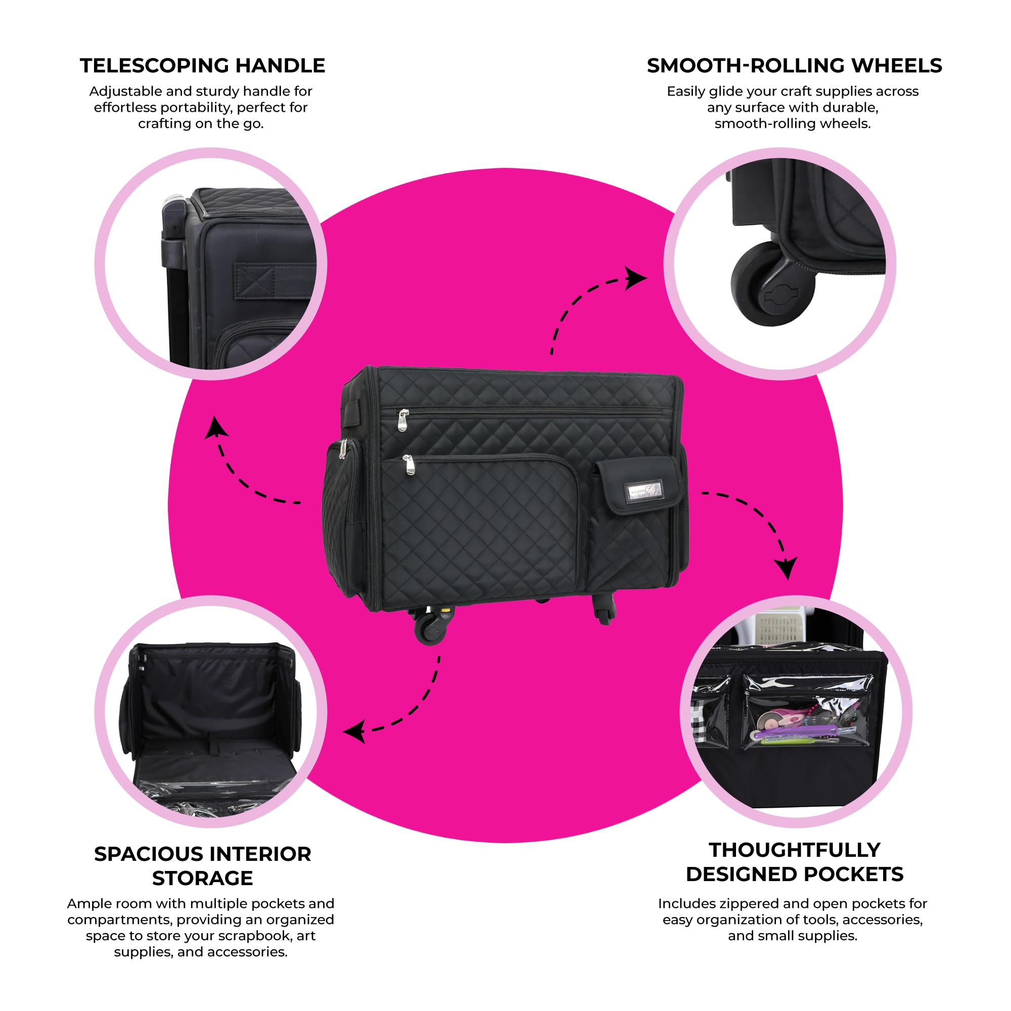 Everything Mary XL 4 Wheel Collapsible Rolling Sewing Machine Storage Case, Black Quilted