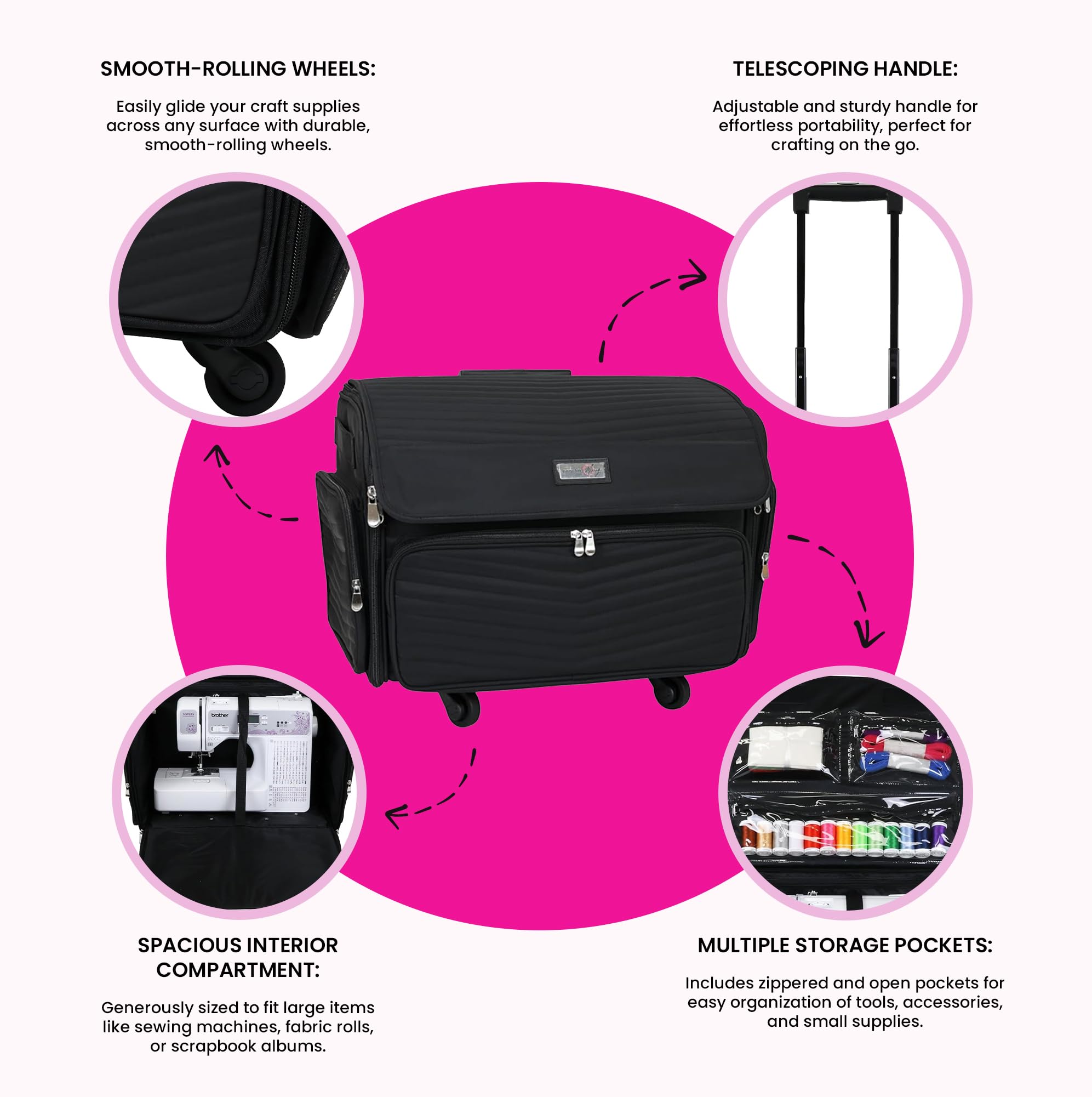 Everything Mary XL 4 Wheel Collapsible Rolling Sewing Machine Storage Case, Black