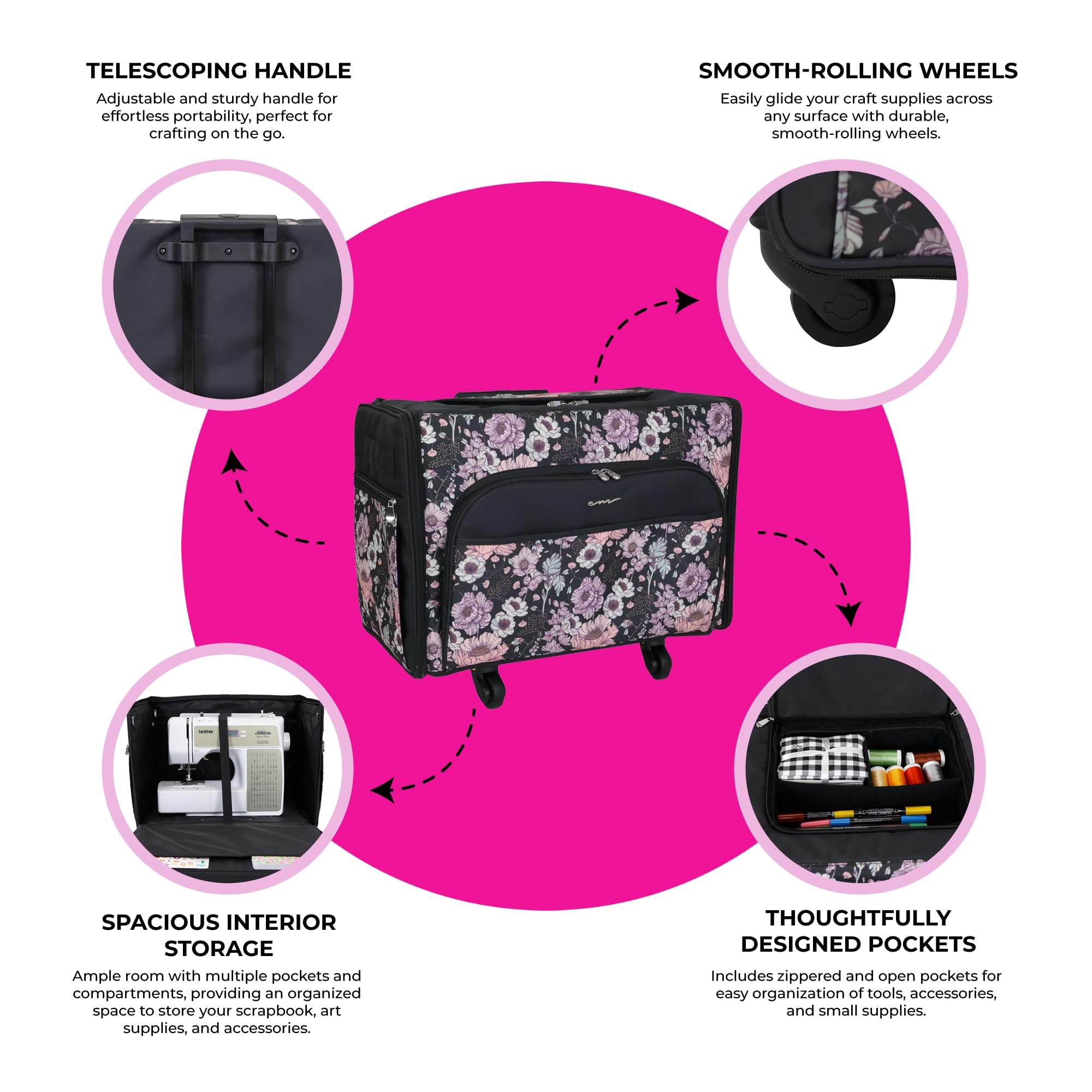 Everything Mary XL 4 Wheel Collapsible Rolling Sewing Machine Storage Case, Pink Floral