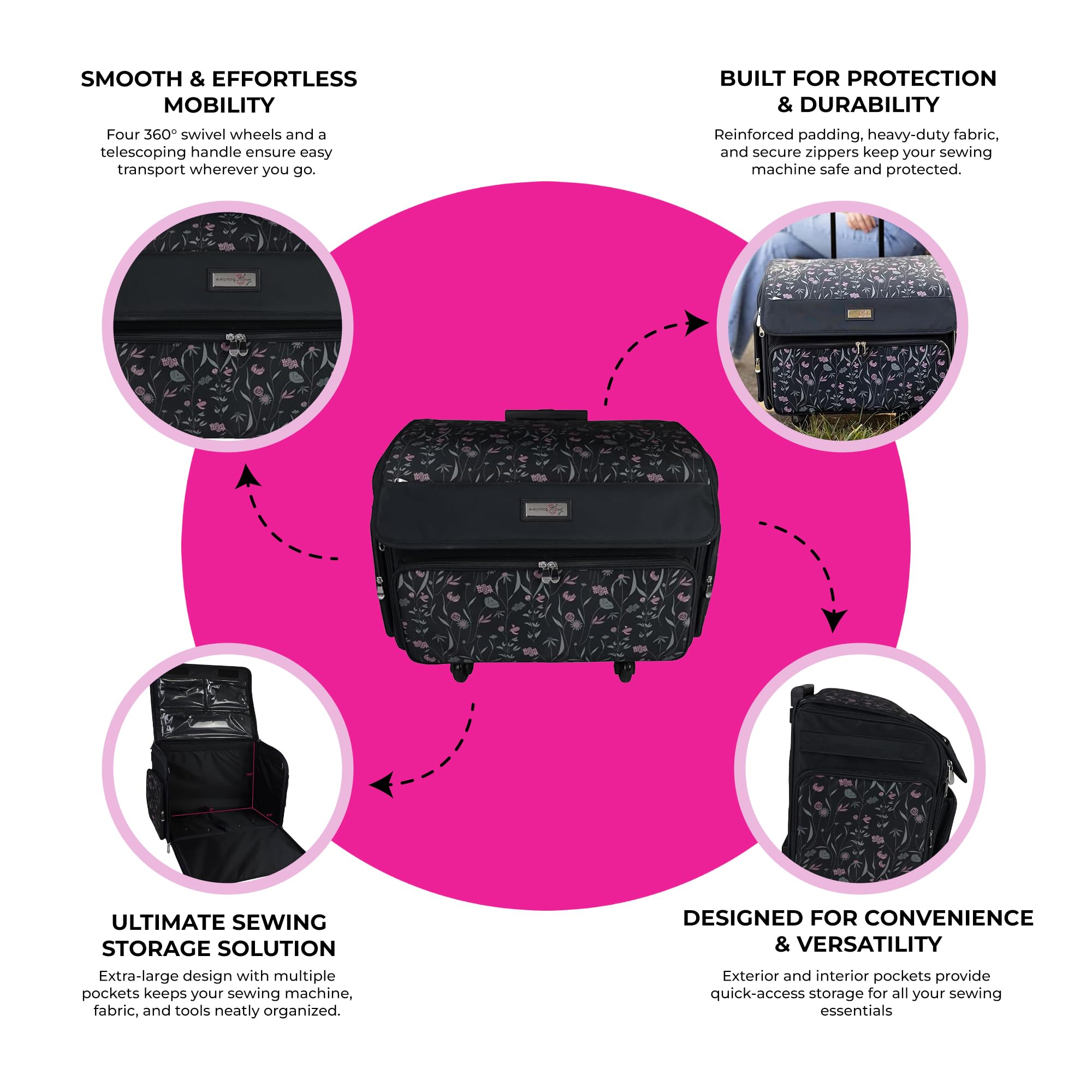 XL 4 Wheel Collapsible Deluxe Rolling Sewing Machine Storage Case, Black & Floral