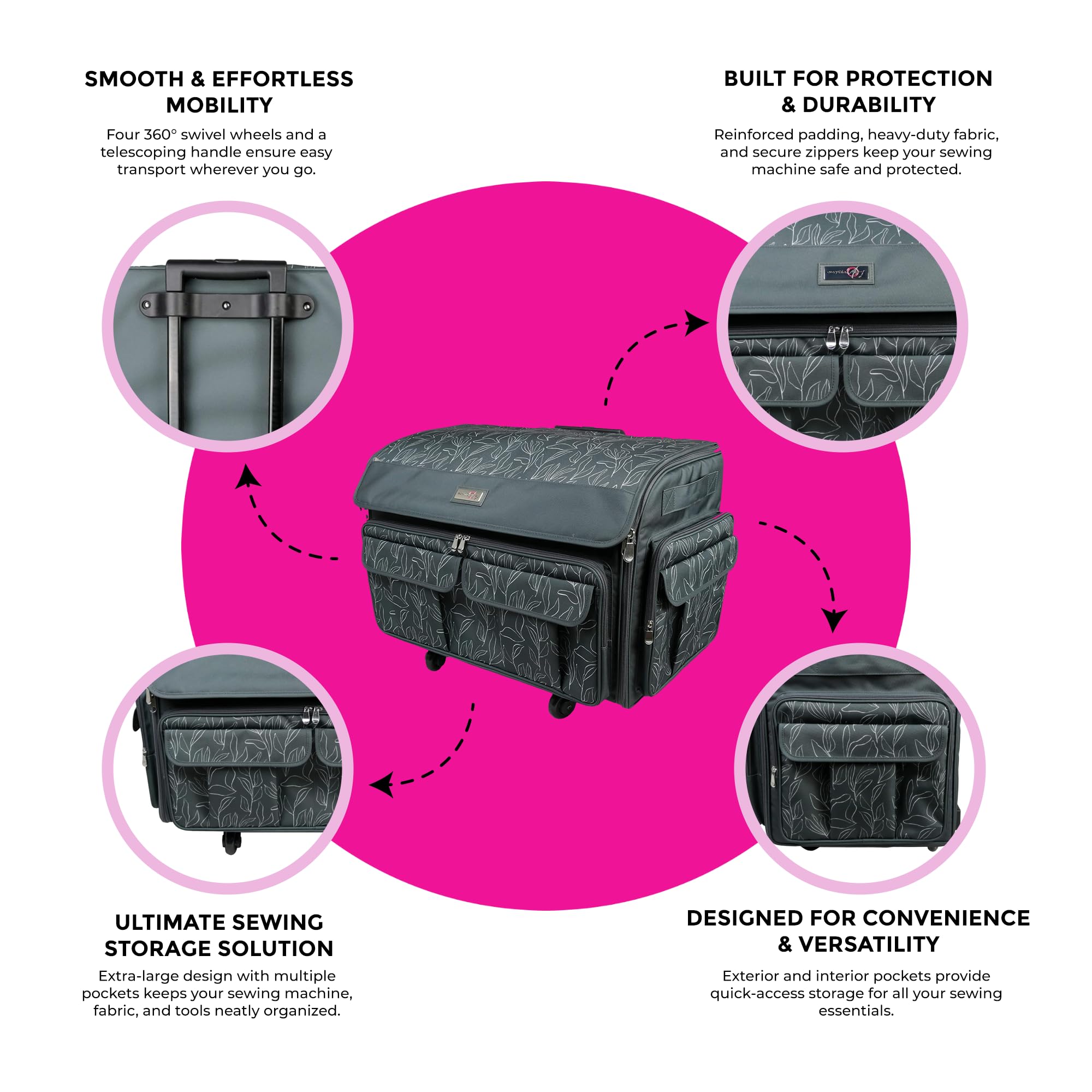 Everything Mary XXL 4 Wheel Collapsible Rolling Sewing Machine Storage Case, Grey Floral