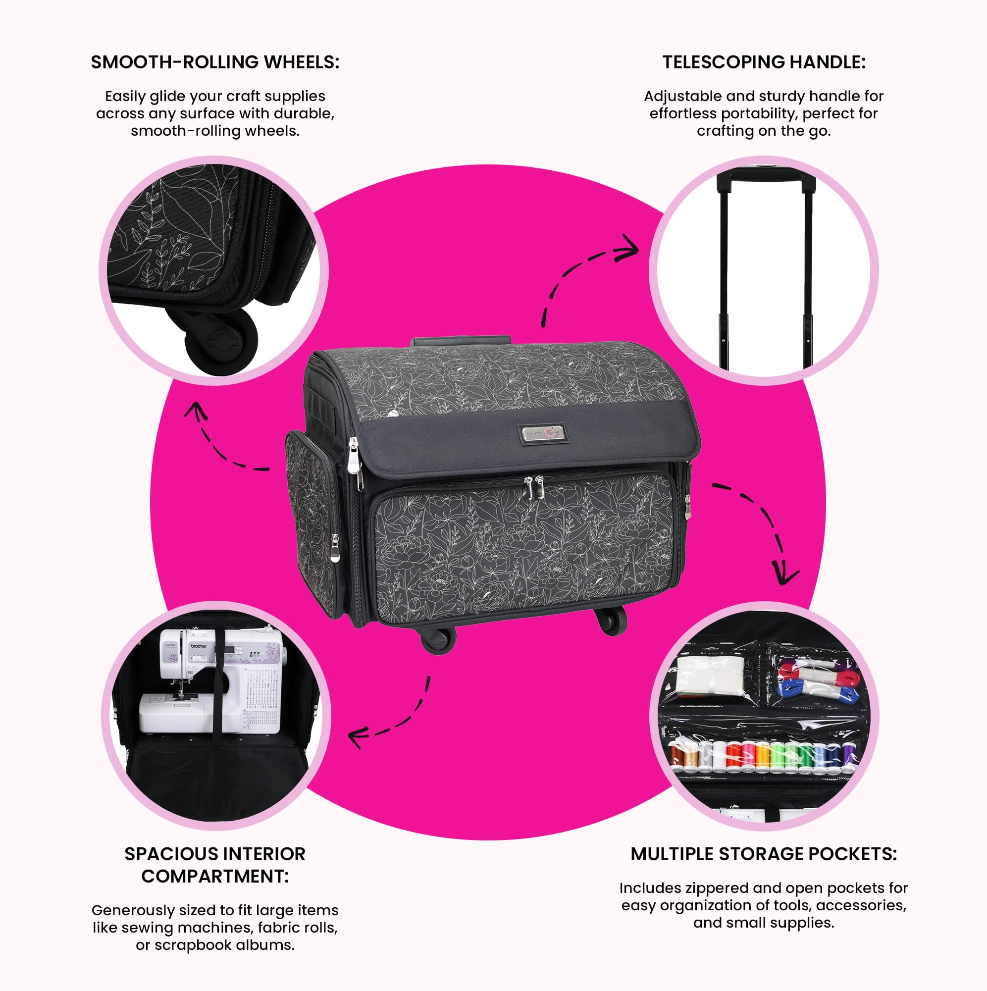 Everything Mary XL 4 Wheel Collapsible Rolling Sewing Machine Storage Case, Artistic Floral