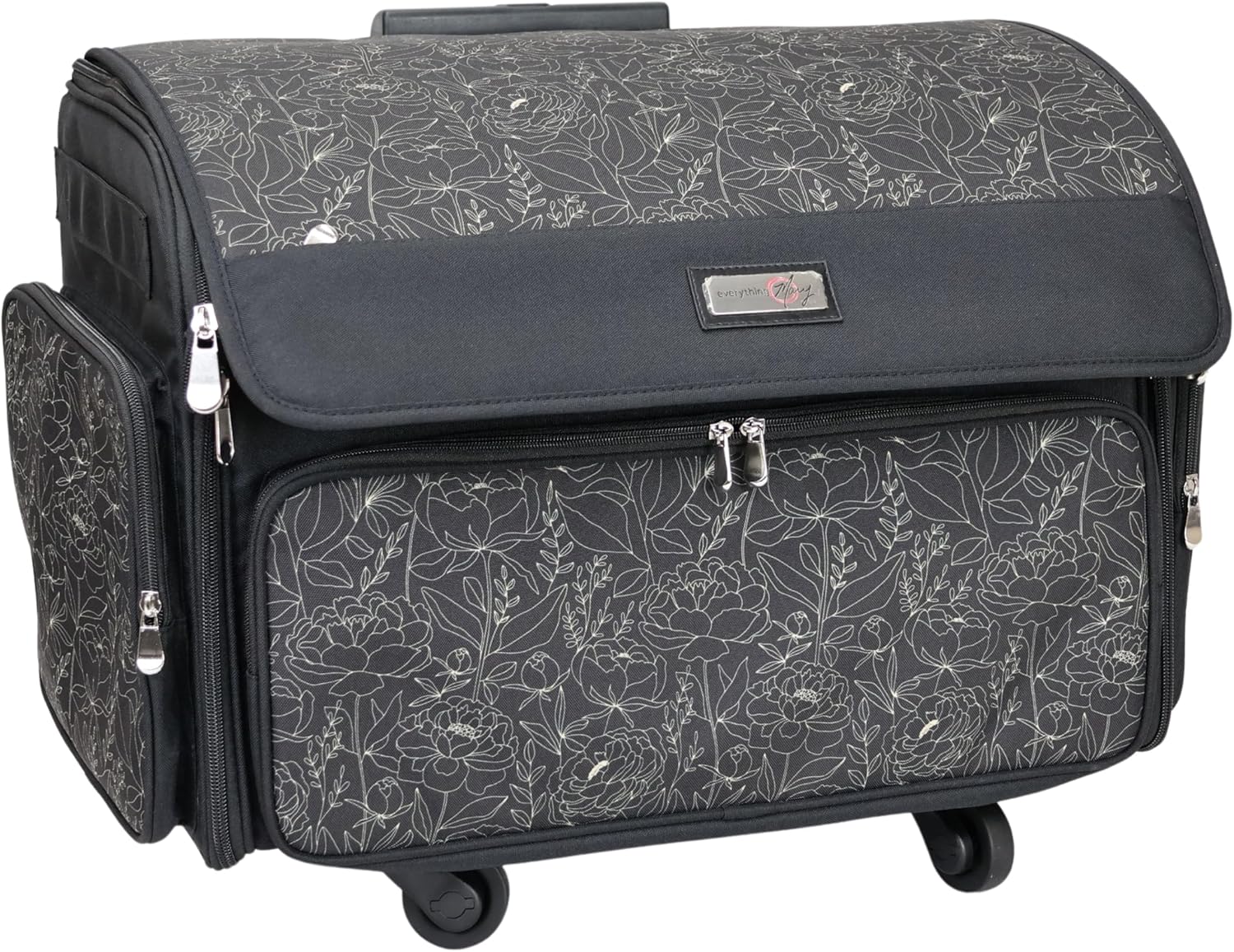 Everything Mary XL 4 Wheel Collapsible Rolling Sewing Machine Storage Case, Tan & Grey Floral