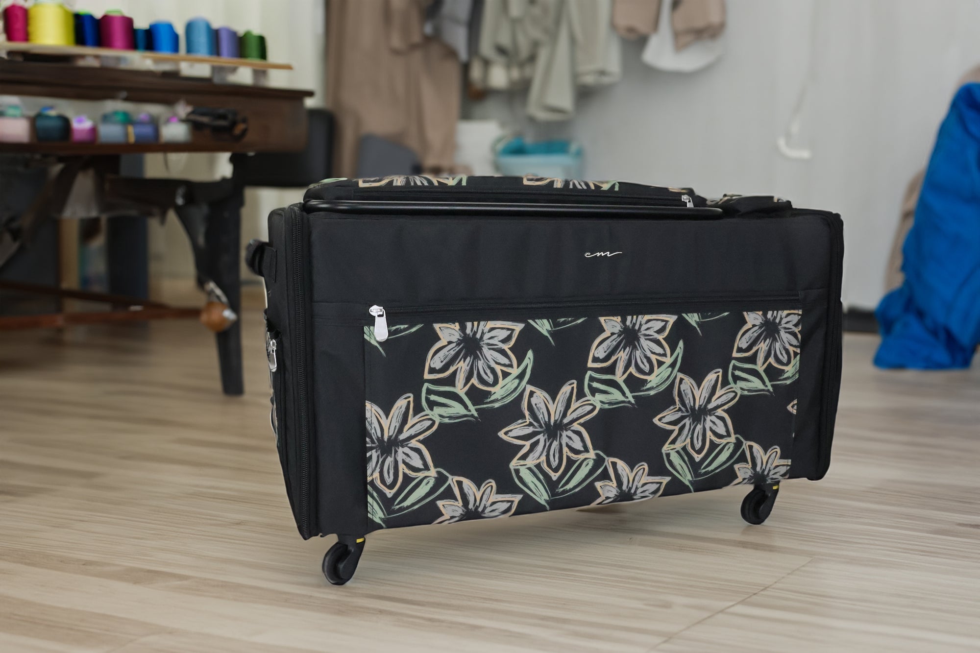 Everything Mary Jumbo 5 Wheel Collapsible Rolling Sewing Machine Storage Case, Floral