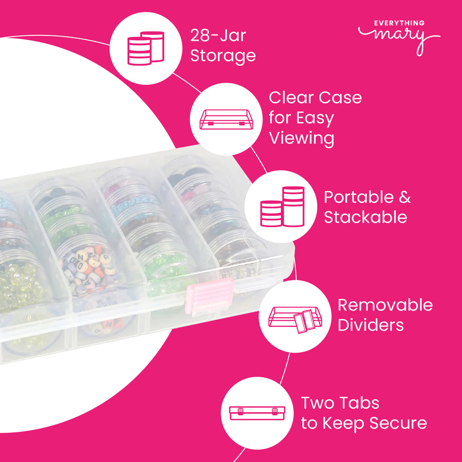 Everything Mary Clear Bead Storage Case with 28 Removable Jars – Portable Organizer for Beads, Jewelry, and Craft Supplies