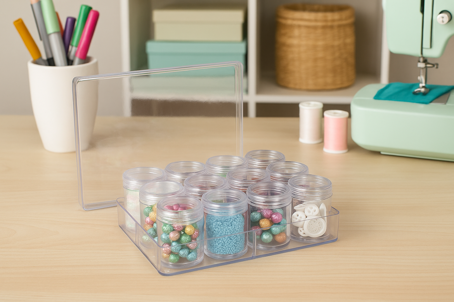 Everything Mary Clear Bead Organizer with 12 Removable Jars – Portable Storage for Jewelry, Diamond Art, and Small Craft Supplies