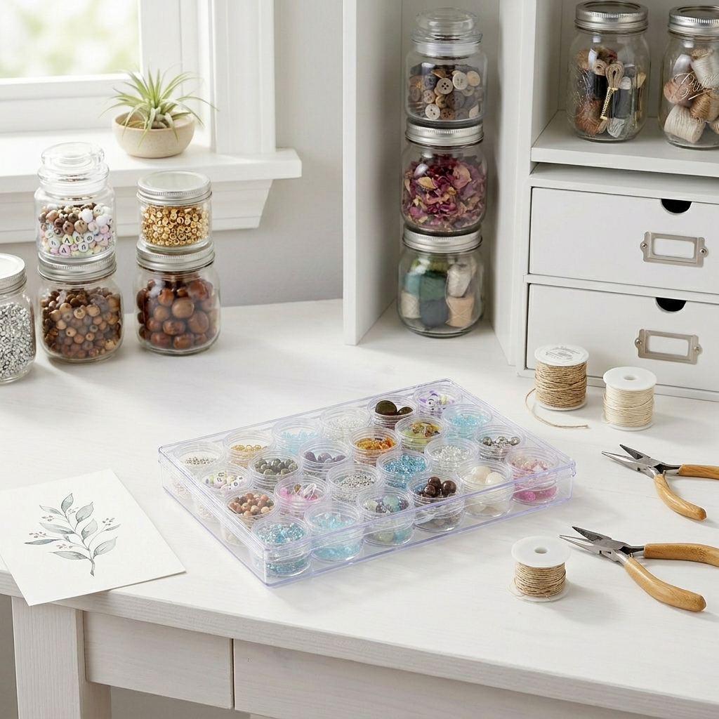 Everything Mary Large Plastic Bead Storage Organizer Box with 24 Stackable Jars – Craft Storage for Beads, Diamond Painting & Small Supplies