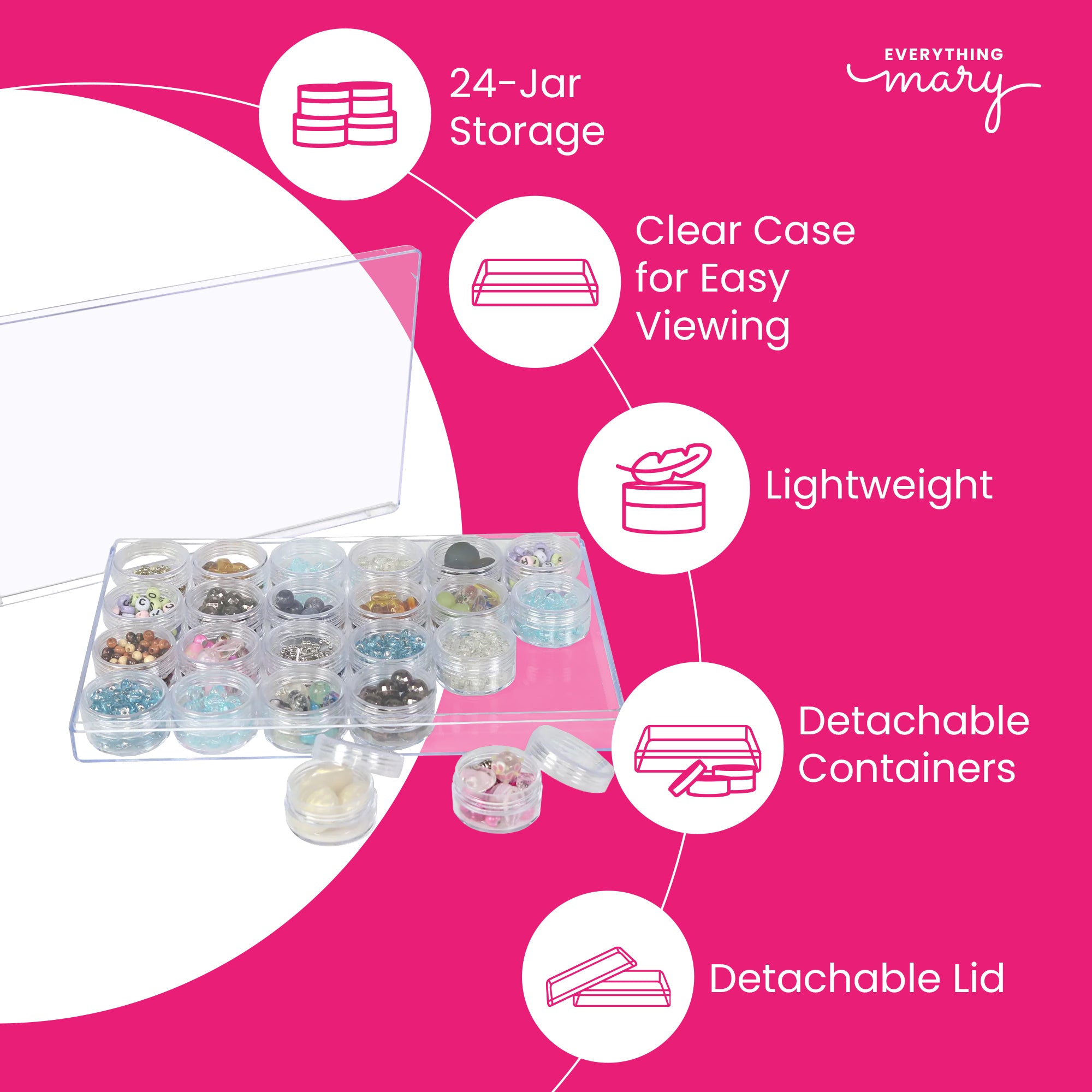 Everything Mary Large Plastic Bead Storage Organizer Box with 24 Stackable Jars – Craft Storage for Beads, Diamond Painting & Small Supplies
