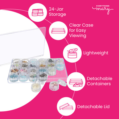 Everything Mary Large Plastic Bead Storage Organizer Box with 24 Stackable Jars – Craft Storage for Beads, Diamond Painting & Small Supplies