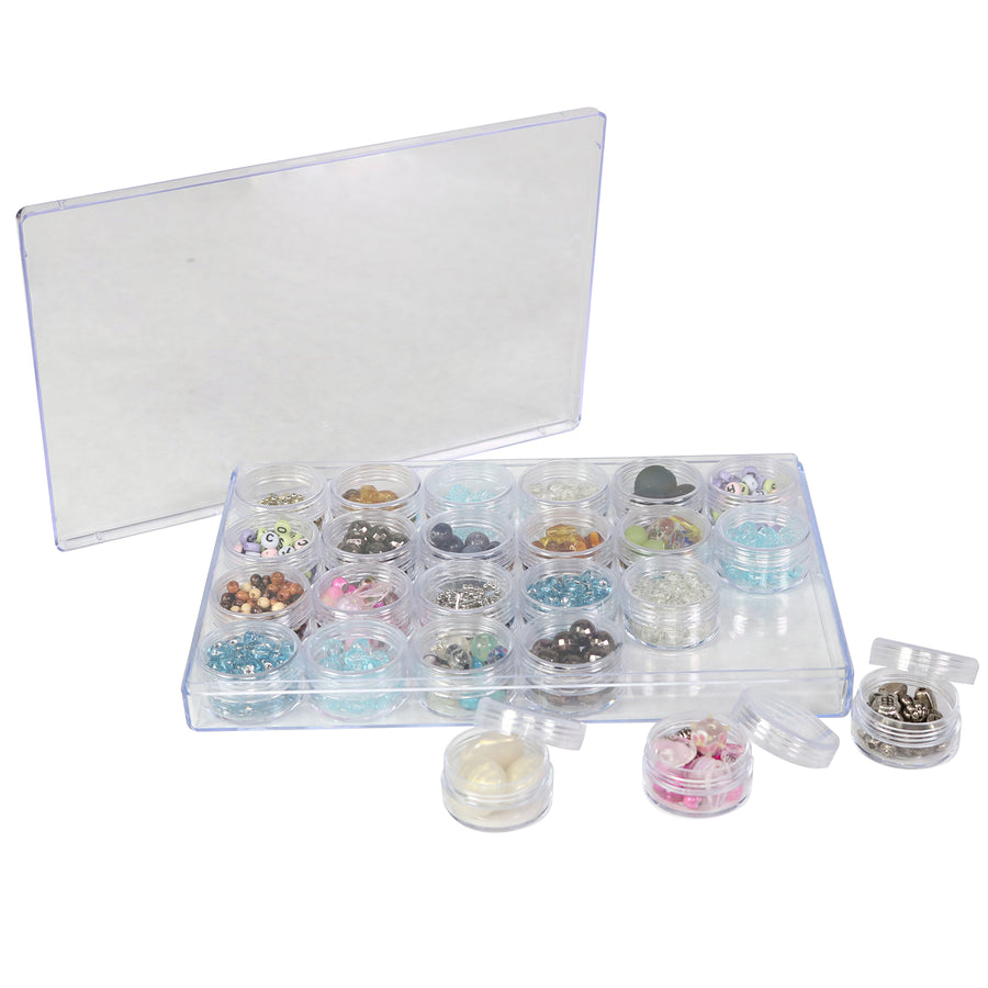 Everything Mary Large Plastic Bead Storage Organizer Box with 24 Stackable Jars – Craft Storage for Beads, Diamond Painting & Small Supplies