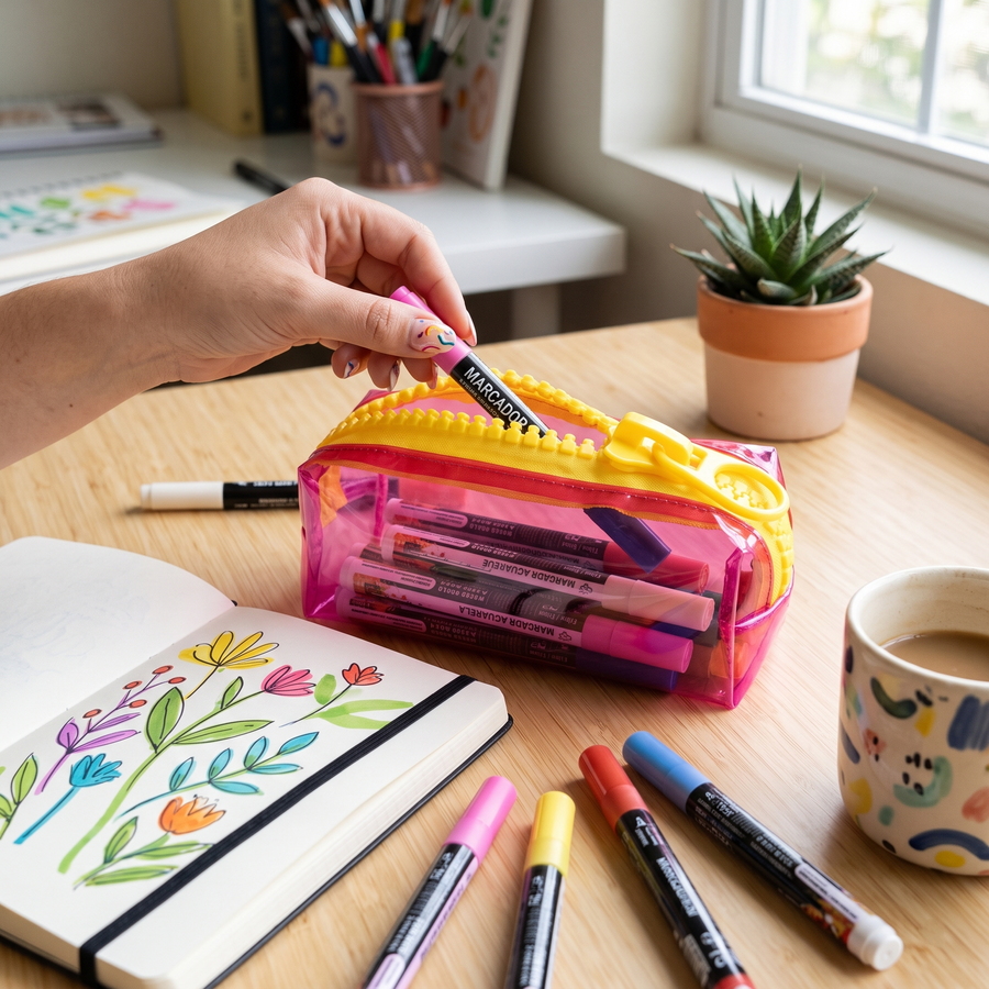 Everything Mary Chunky Zipper Pouch in Pink & Yellow – Clear Storage Pouch with Bold Zipper & Wipeable Material for Pencils, Art Supplies & Notions