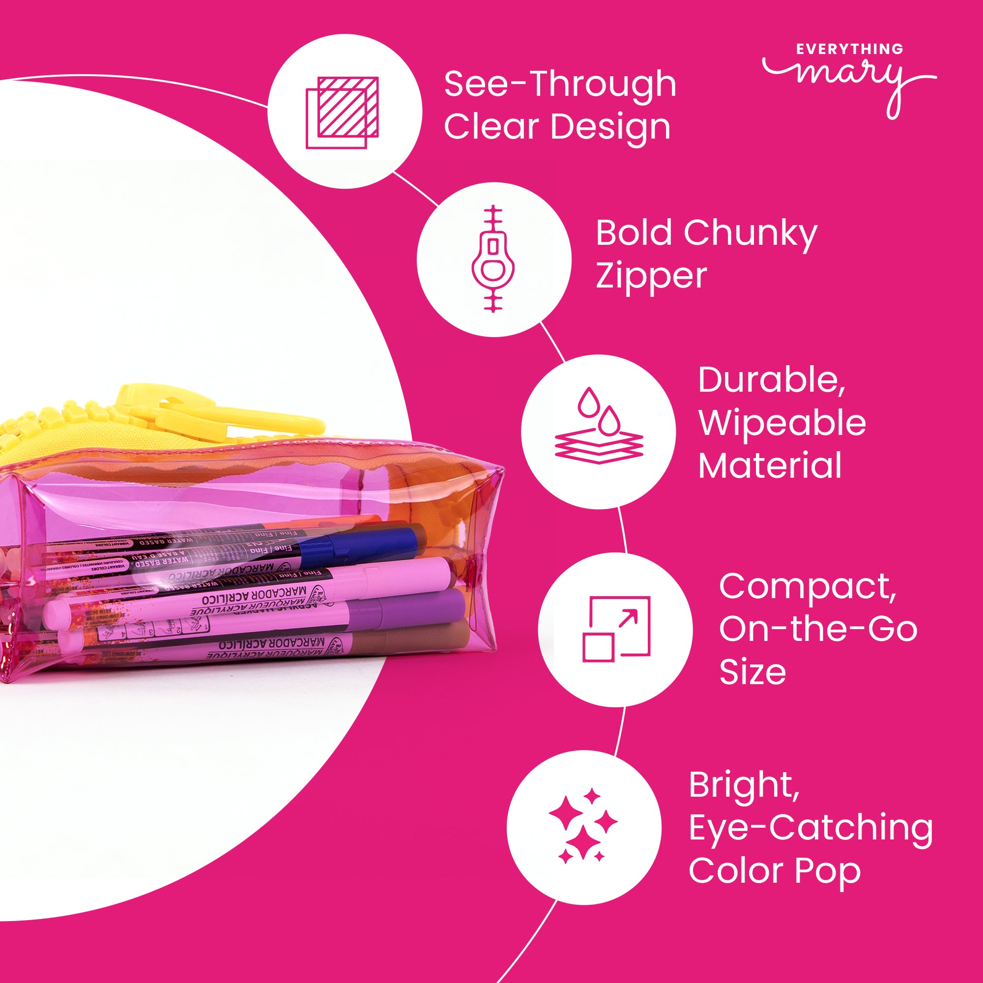Everything Mary Chunky Zipper Pouch in Pink & Yellow – Clear Storage Pouch with Bold Zipper & Wipeable Material for Pencils, Art Supplies & Notions