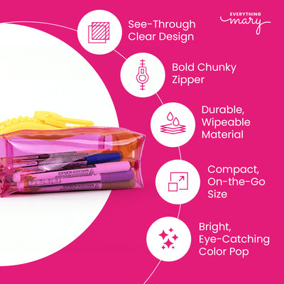 Everything Mary Chunky Zipper Pouch in Pink & Yellow – Clear Storage Pouch with Bold Zipper & Wipeable Material for Pencils, Art Supplies & Notions