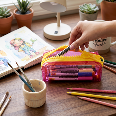 Everything Mary Chunky Zipper Pouch in Pink & Yellow – Clear Storage Pouch with Bold Zipper & Wipeable Material for Pencils, Art Supplies & Notions