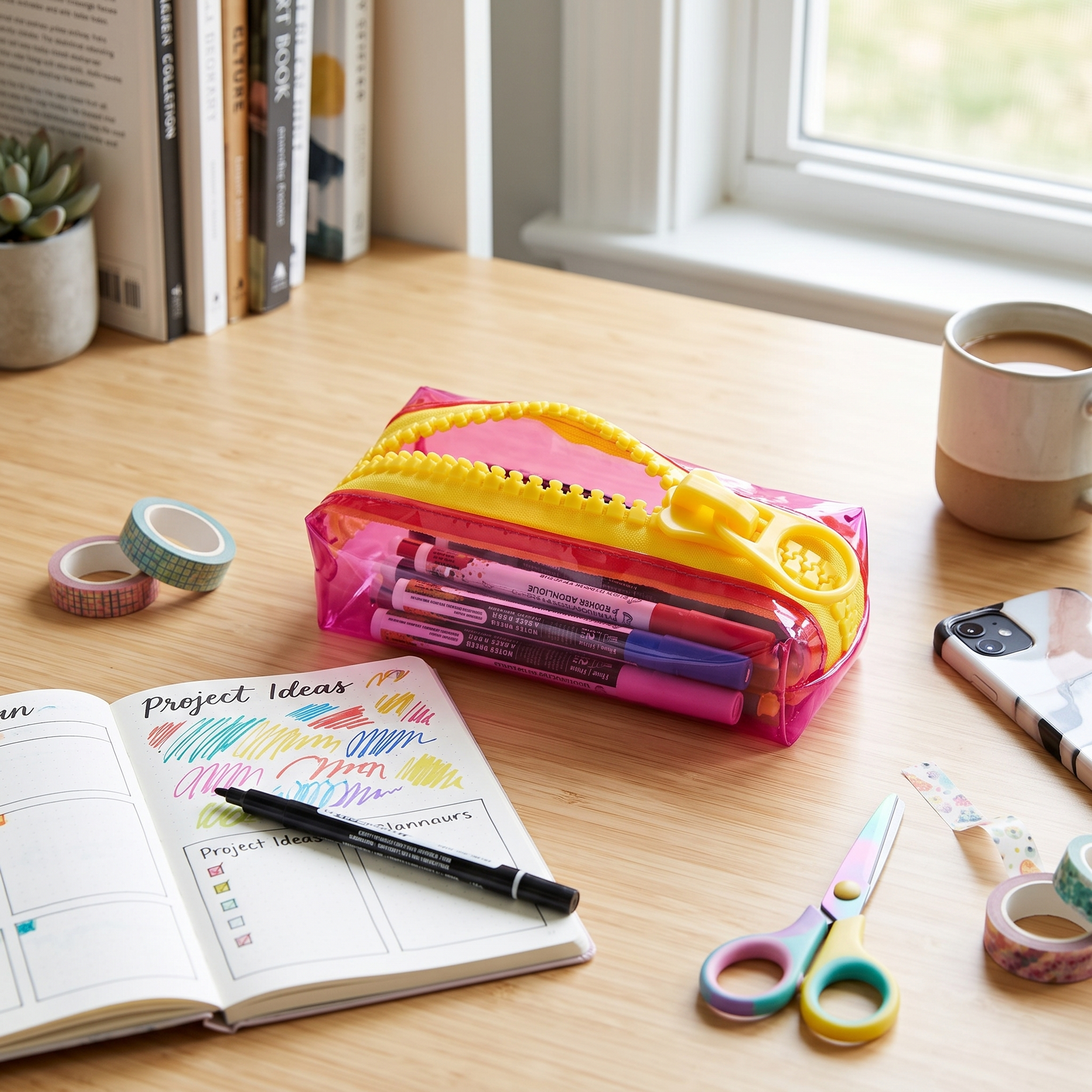 Everything Mary Chunky Zipper Pouch in Pink & Yellow – Clear Storage Pouch with Bold Zipper & Wipeable Material for Pencils, Art Supplies & Notions