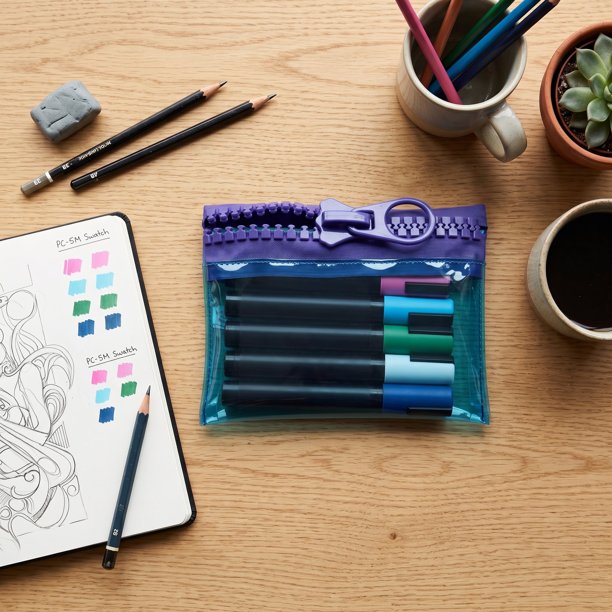 Everything Mary Chunky Zipper Pouch in Blue & Purple – Clear Storage Pouch with Bold Zipper & Wipeable Material for Pencils, Art Supplies & Notions