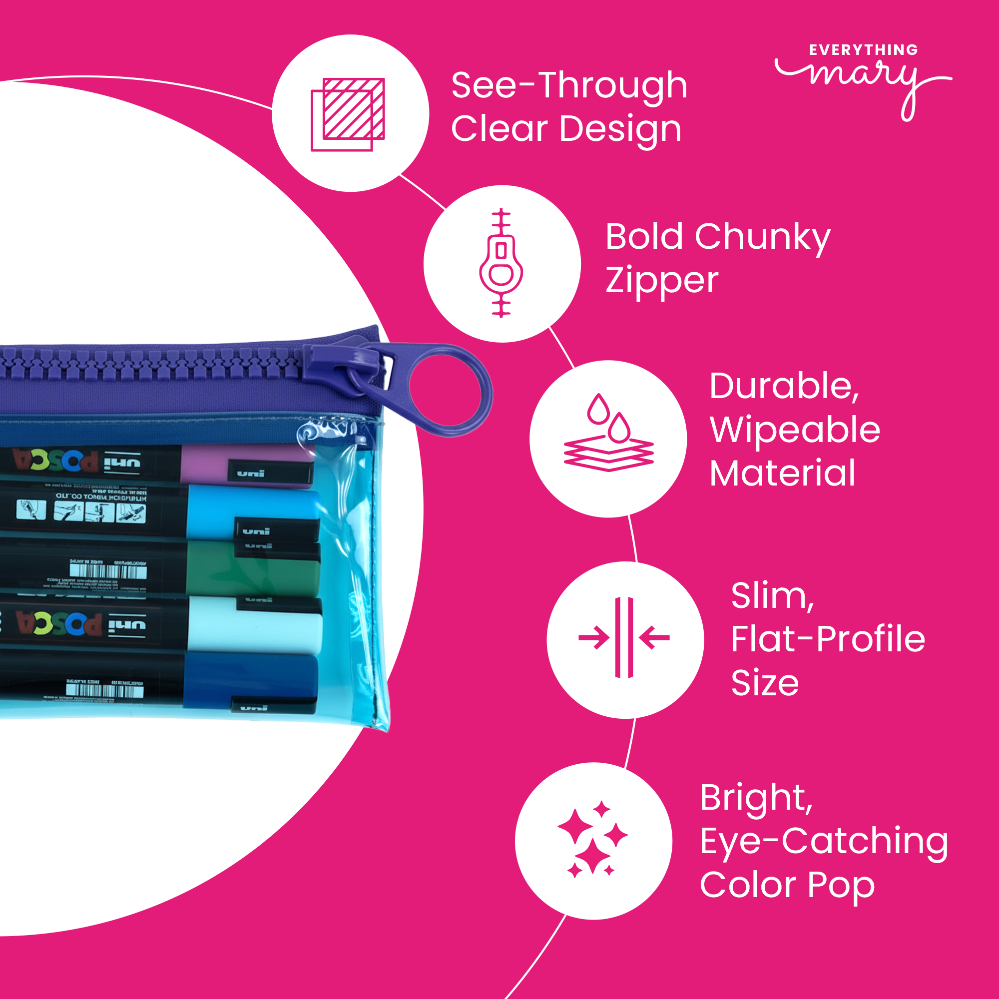 Everything Mary Chunky Zipper Pouch in Blue & Purple – Clear Storage Pouch with Bold Zipper & Wipeable Material for Pencils, Art Supplies & Notions
