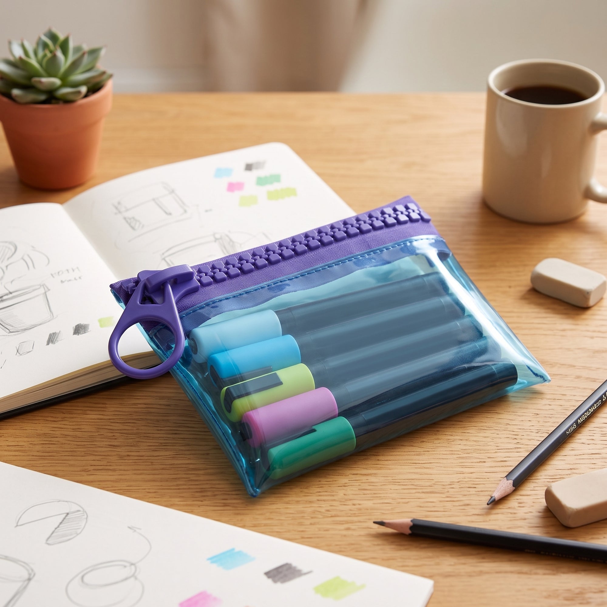 Everything Mary Chunky Zipper Pouch in Blue & Purple – Clear Storage Pouch with Bold Zipper & Wipeable Material for Pencils, Art Supplies & Notions