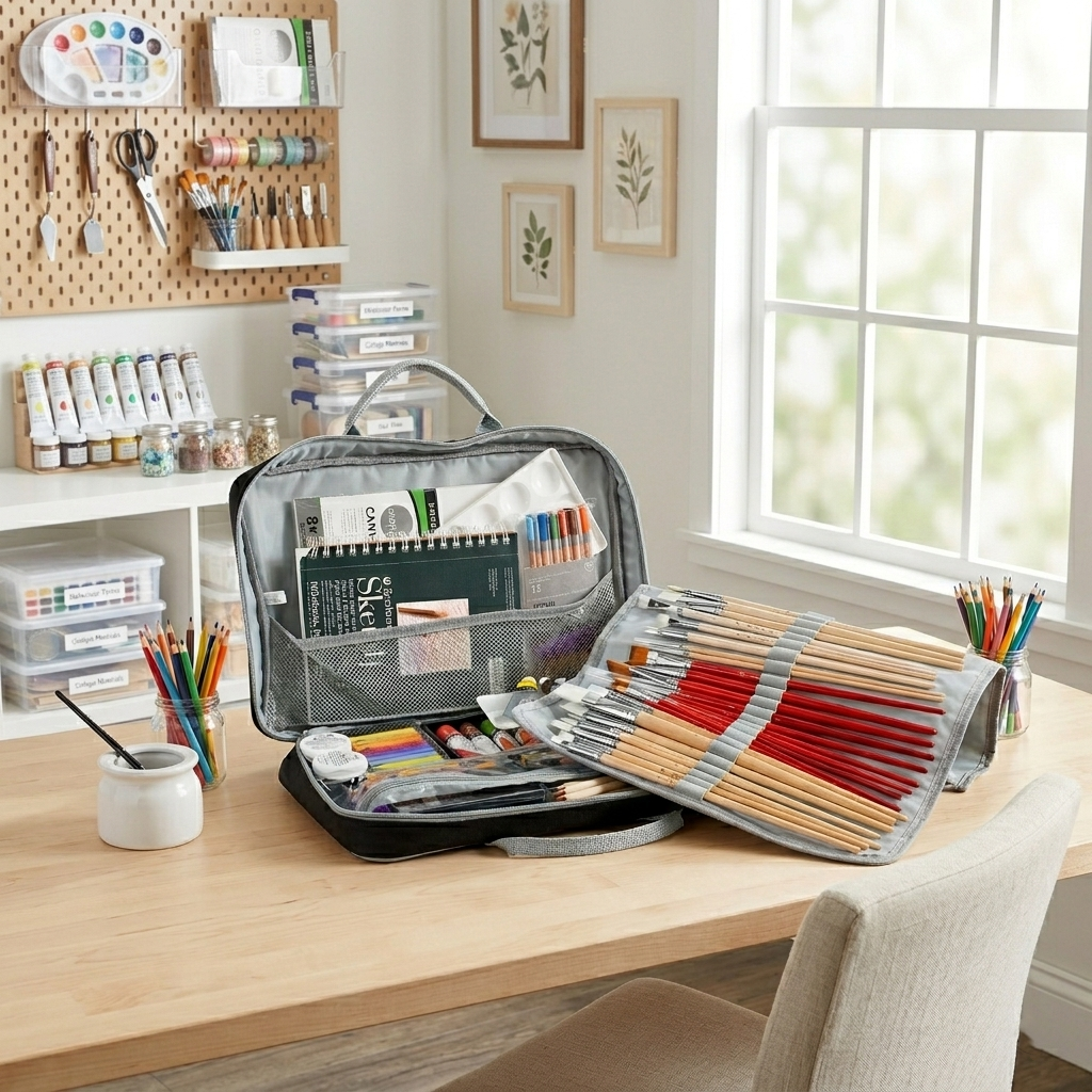 Everything Mary Art Supply Organizer Case with Brush Roll – Travel Pencil Pouch & Craft Storage for Makers