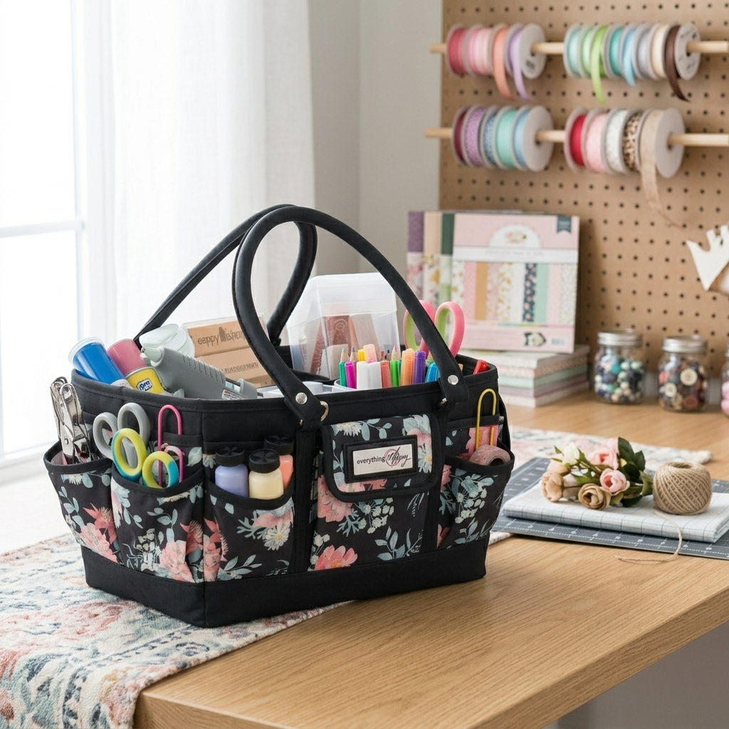 Deluxe Store & Tote Craft Organizer, Black & Floral