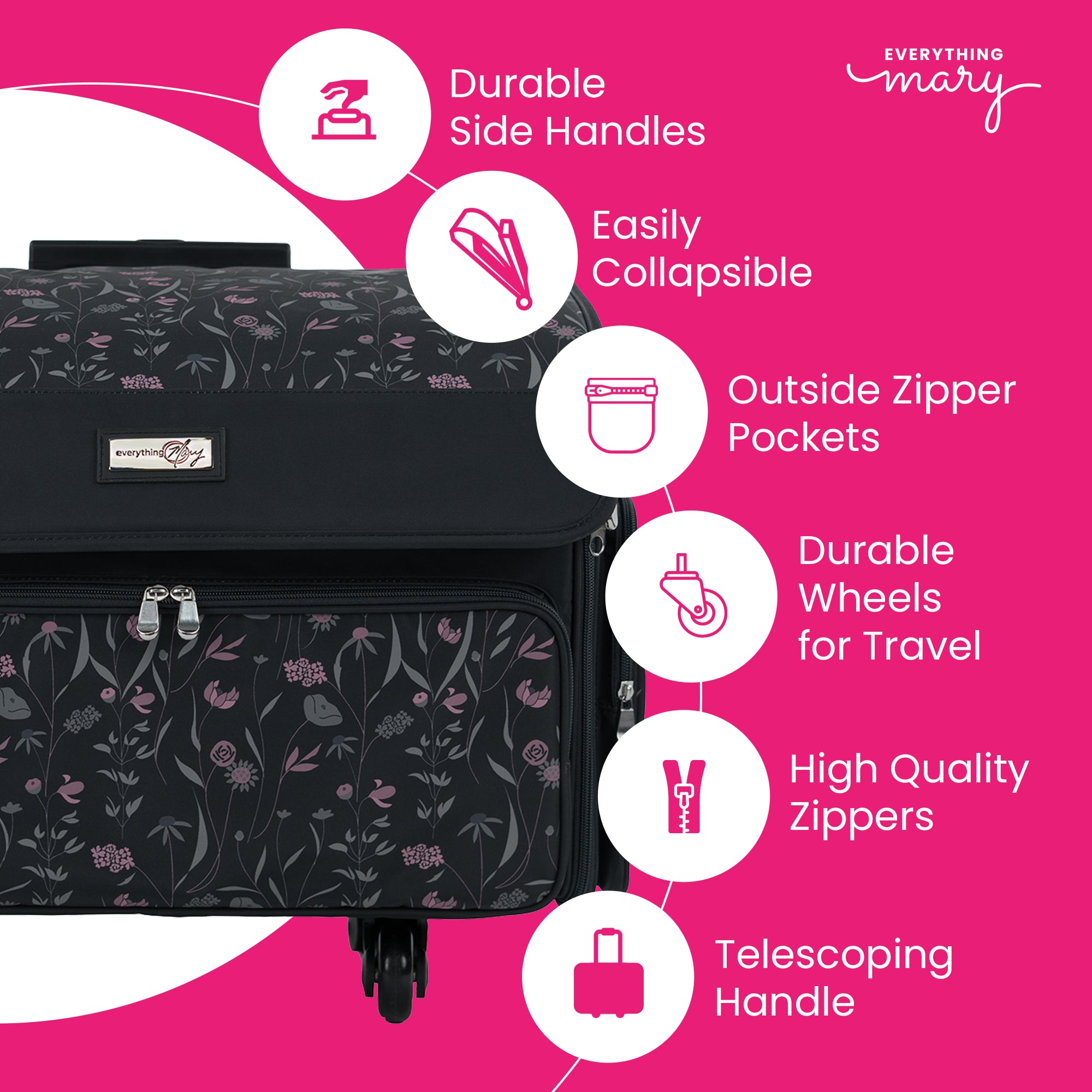 XL 4 Wheel Collapsible Deluxe Rolling Sewing Machine Storage Case, Black & Floral