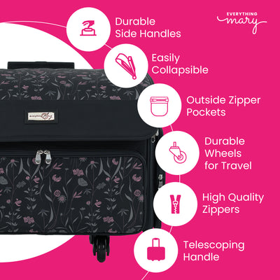 XL 4 Wheel Collapsible Deluxe Rolling Sewing Machine Storage Case, Black & Floral