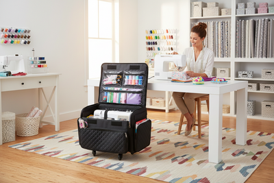 XL 4 Wheel Collapsible Deluxe Rolling Sewing Machine Storage Case, Black Quilted
