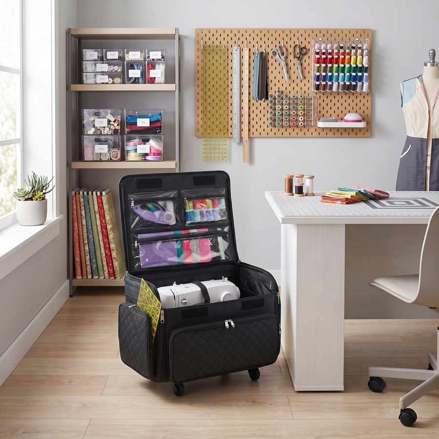 Everything Mary XL Rolling Sewing Machine Case with Wheels in Black Quilted – Sewing Machine Tote Bag for Travel, Classes & Quilting