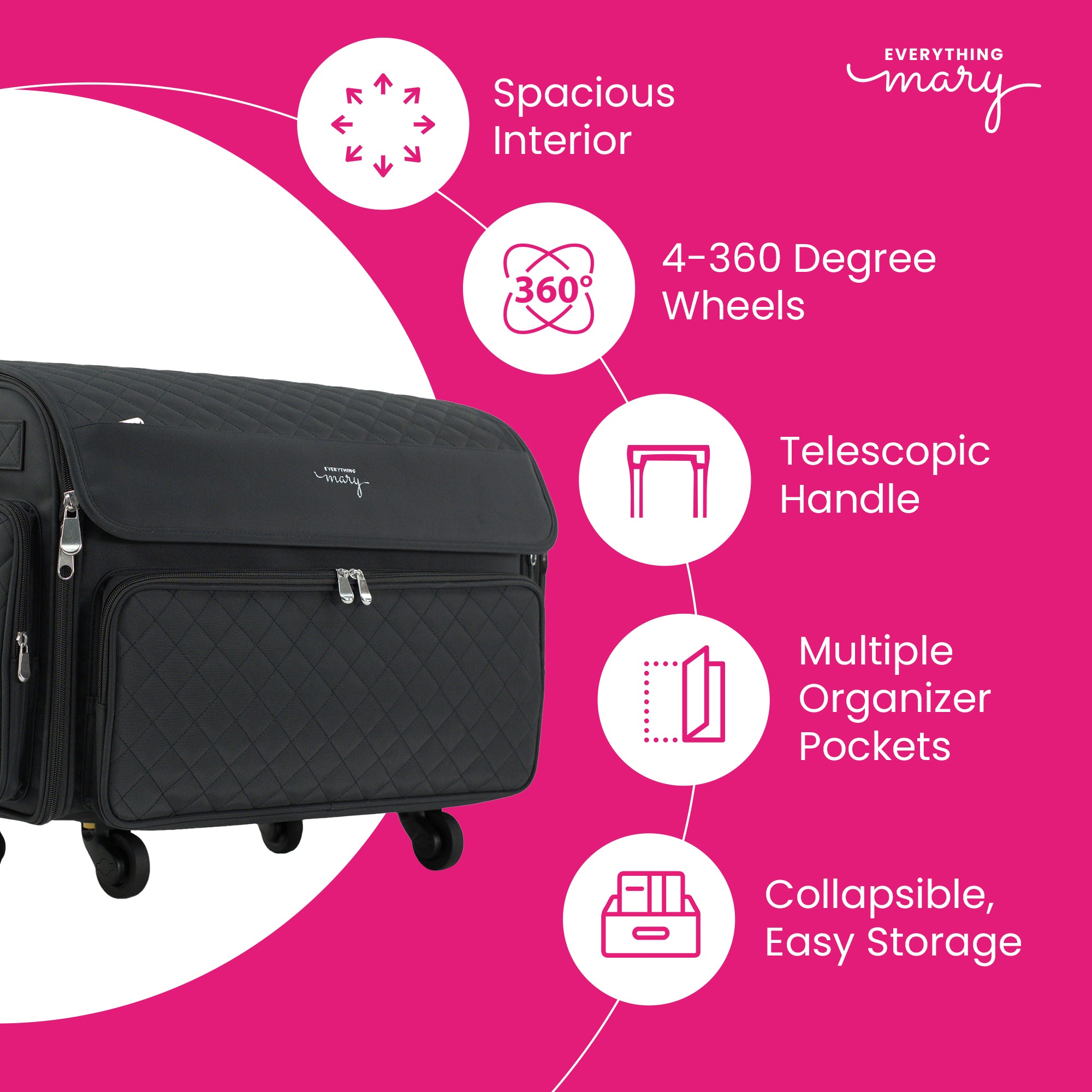 Everything Mary XL Rolling Sewing Machine Case with Wheels in Black Quilted – Sewing Machine Tote Bag for Travel, Classes & Quilting