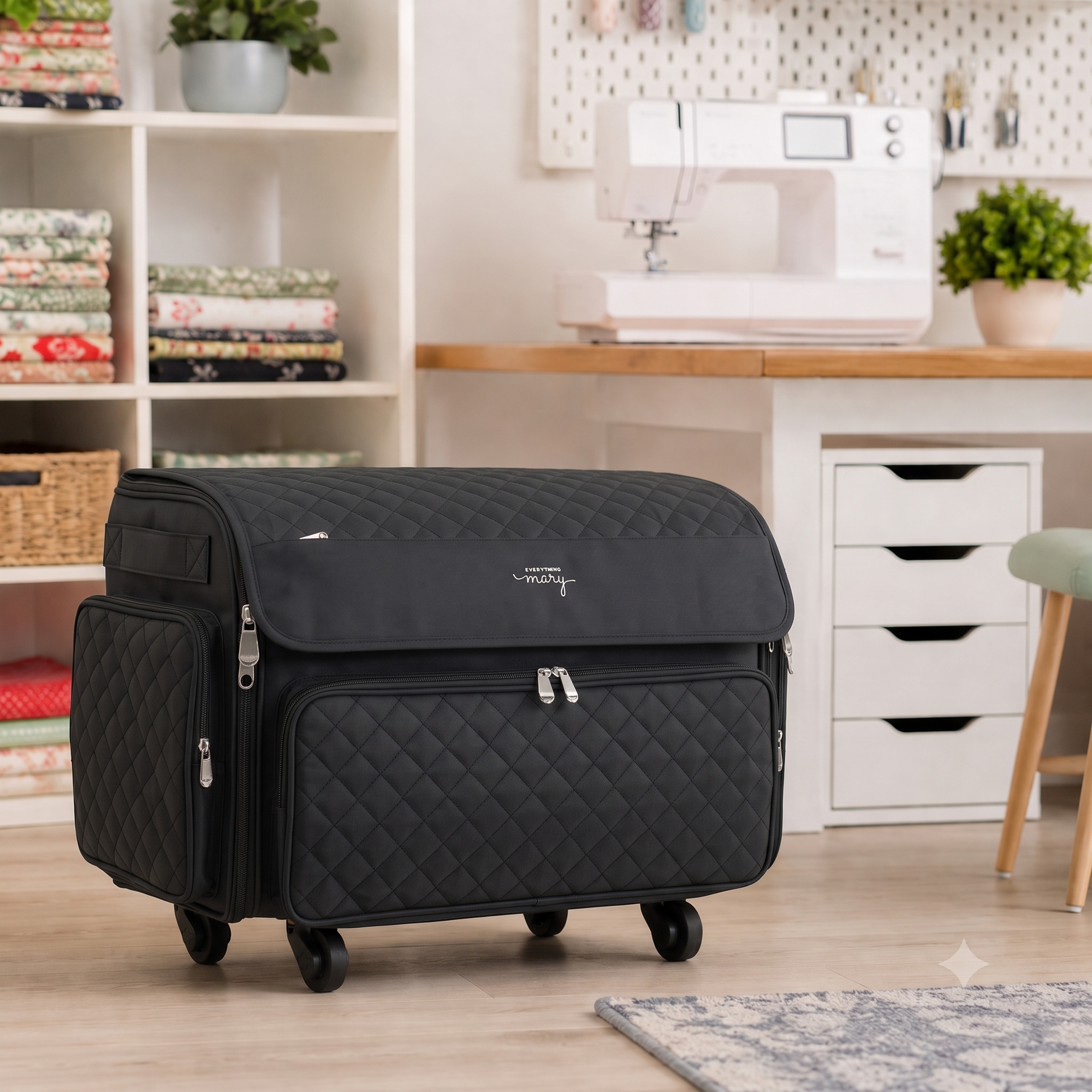 Everything Mary XL Rolling Sewing Machine Case with Wheels in Black Quilted – Sewing Machine Tote Bag for Travel, Classes & Quilting