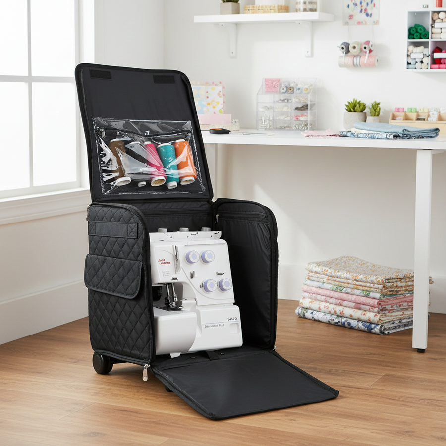 Collapsible Rolling Serger Machine Case, Black Quilted